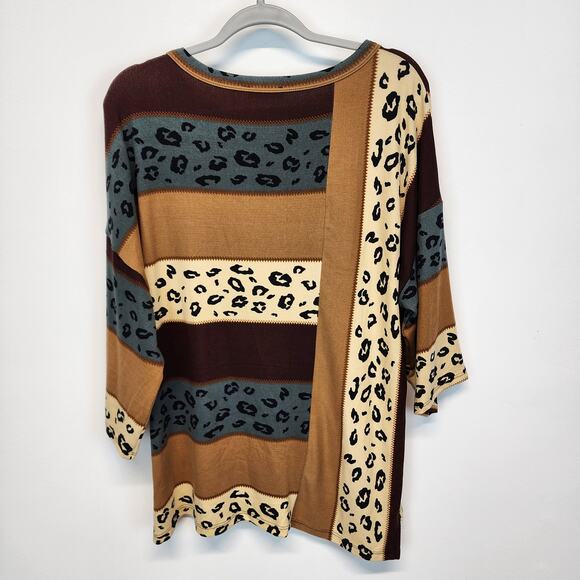 Oddy Pullover Top Size M/L Brown Leopard Colorblock Knit 3/4 Sleeve Teacher - Picture 8 of 11
